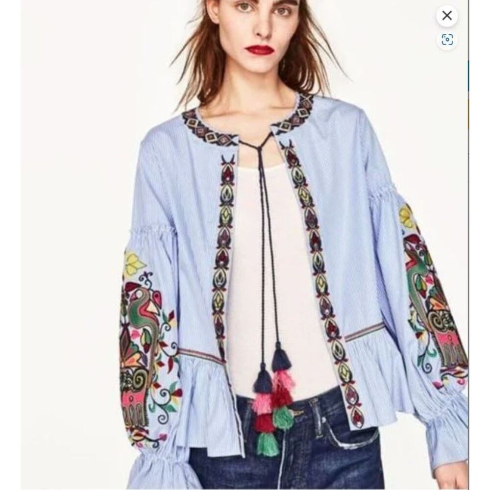 Zara Sequin Embroidered Striped Jacket Blouse Kimono Small Open Front Cardigan - Picture 3 of 8